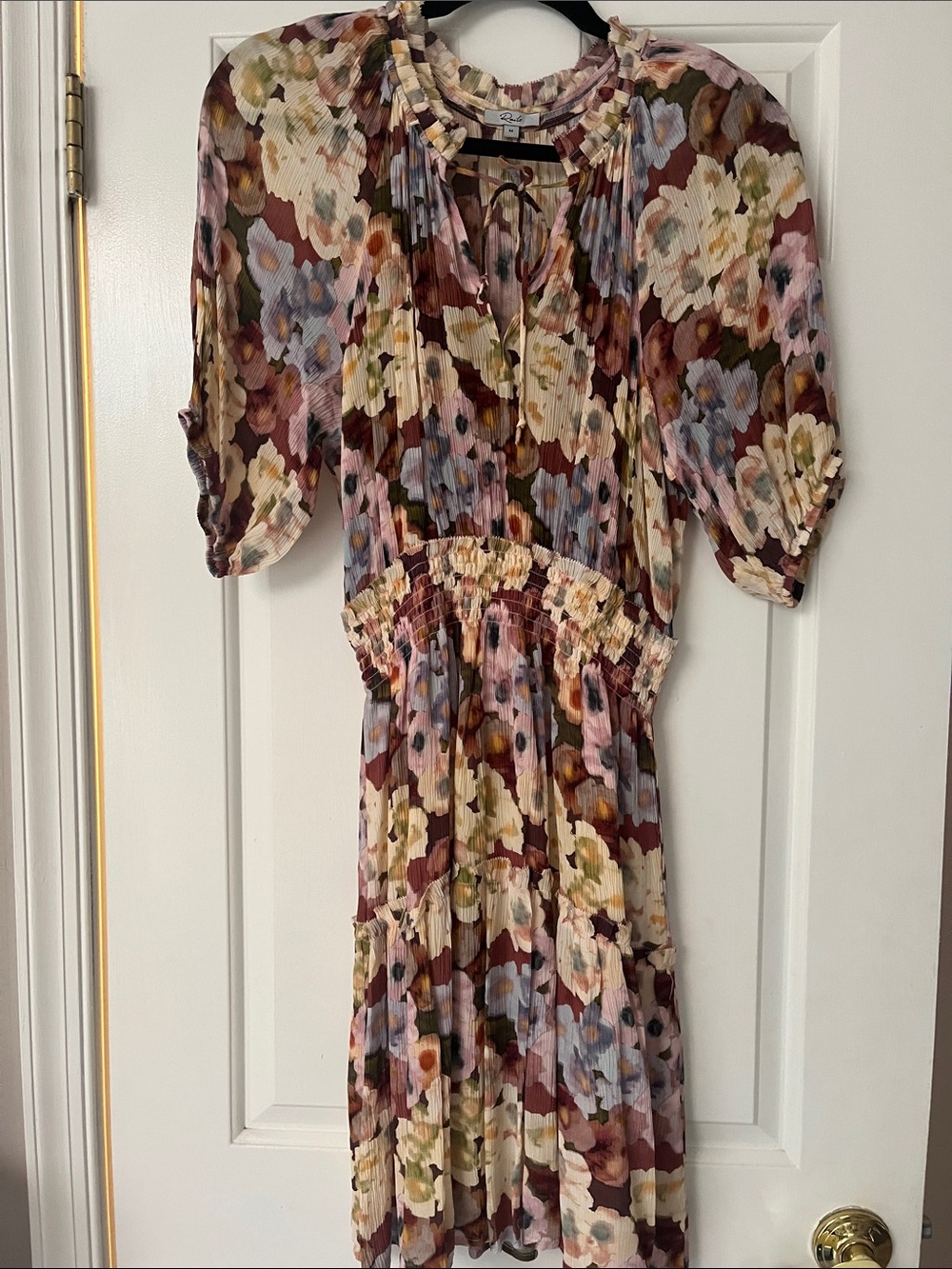 Rails Floral Tie-Neck Pleated Midi Dress in Cream, Pink, Blue, Brown